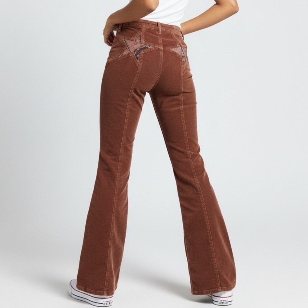 Free People Brown Corduroy Pants Flare Star Patchwork Retro Boho Cowgirl Size 26